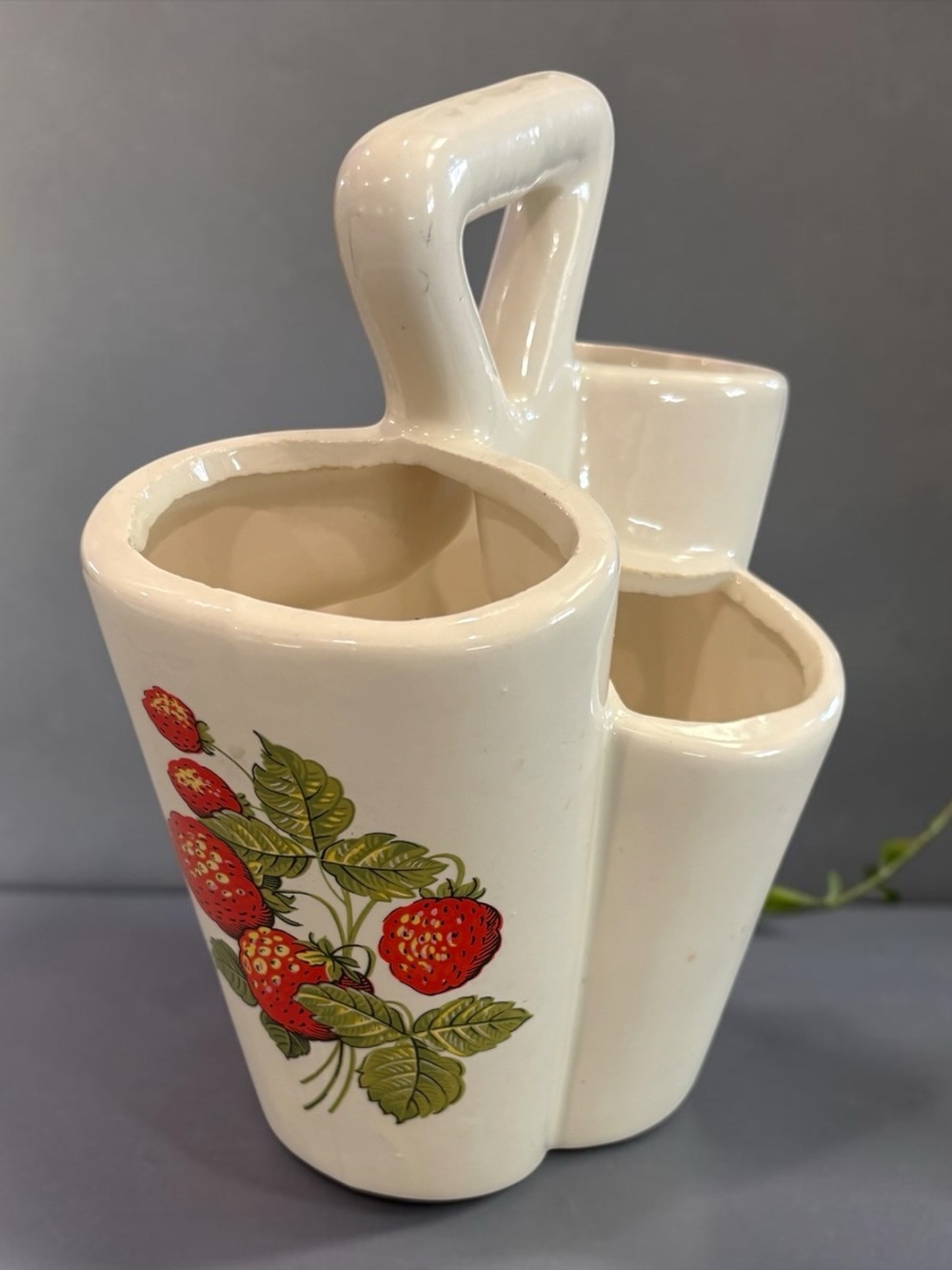 Vintage 80s Ceramic Four-Compartment Storage Caddy W/ Strawberry Daisy Craft EUC
